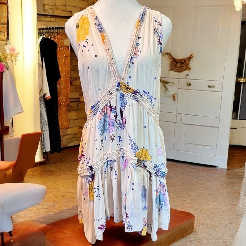 Free People Floral Pink Cream Sleeveless Tiered Ruffle Tunic Dress (M)